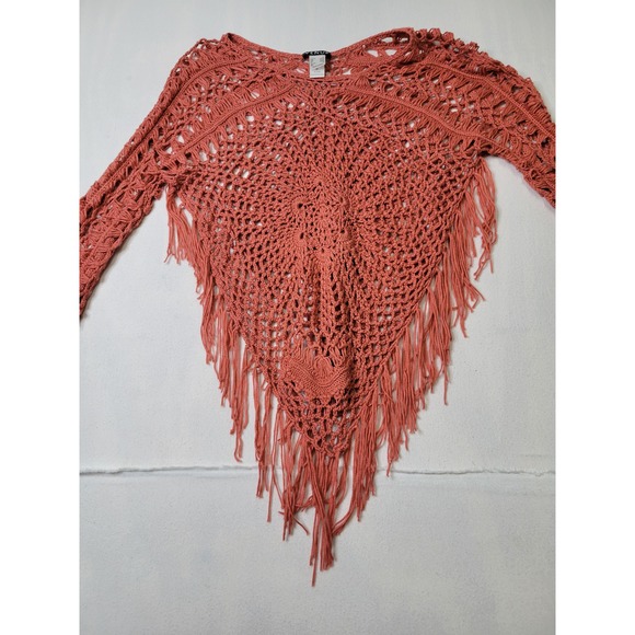 VENUS Sweaters - Venus Coral Crochet Knit Fringe Poncho Top Long Sleeve Boho Festival Size M 2920
